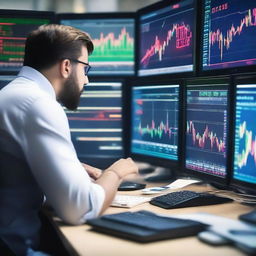 A bustling stock market with traders frantically buying and selling stocks. Screens display fluctuating graphs and indices.