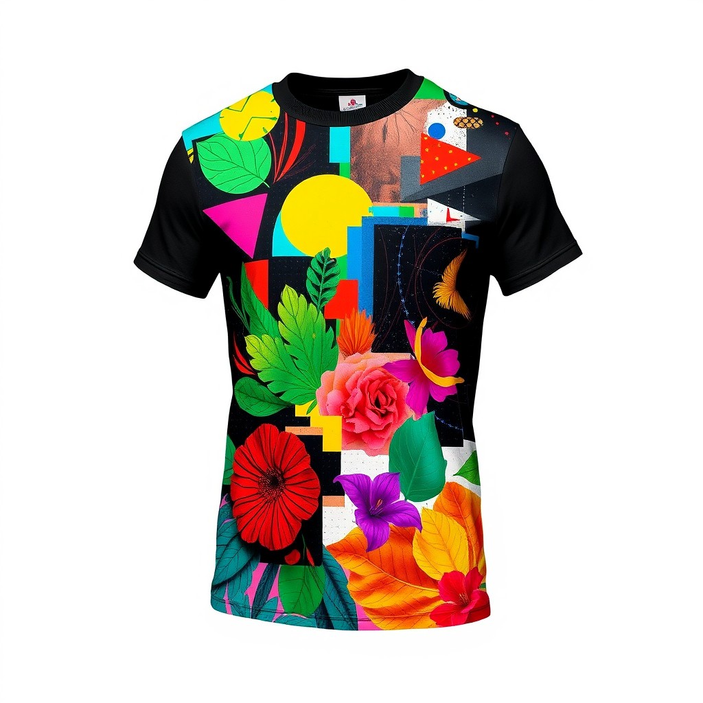 A stylish and vibrant T-shirt design featuring a blend of modern and artistic elements
