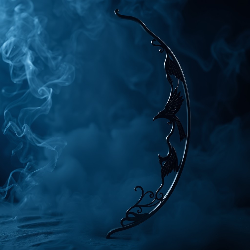 A striking black archery longbow, elegantly designed with intricate raven decorations, sitting prominently against a mystical background