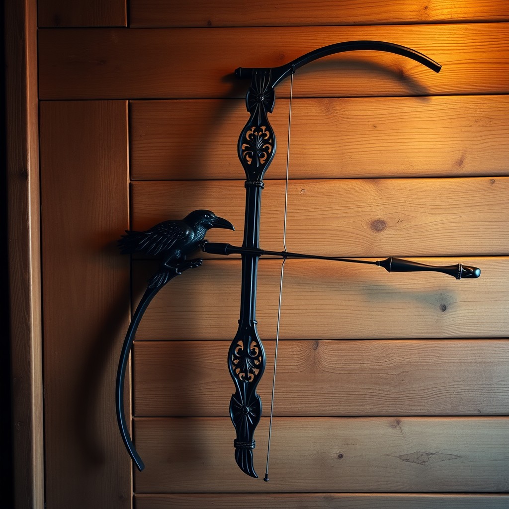 A beautifully crafted black archery longbow with intricate raven decorations, elegantly mounted on a wooden wall