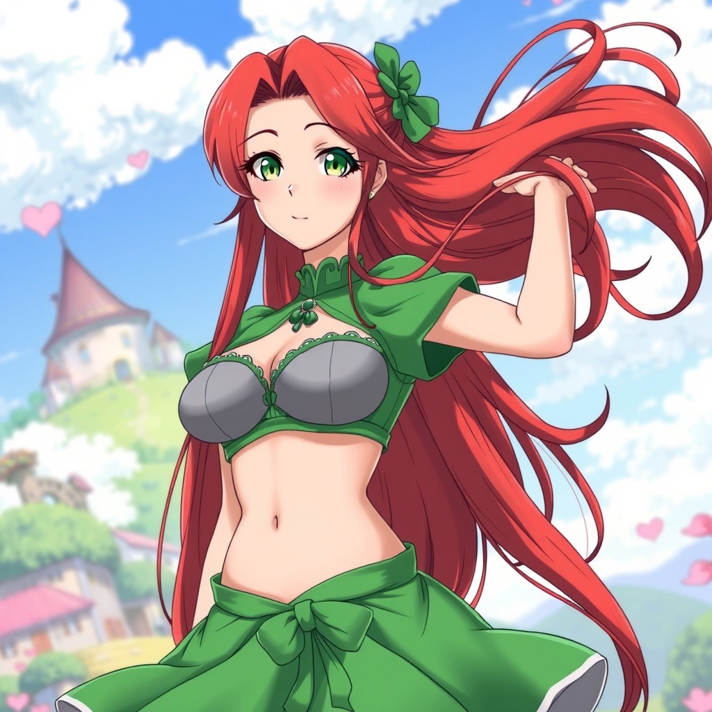 An anime-style illustration of a stunning woman with a large chest, showcasing her waist-length flowing red hair and vibrant green eyes