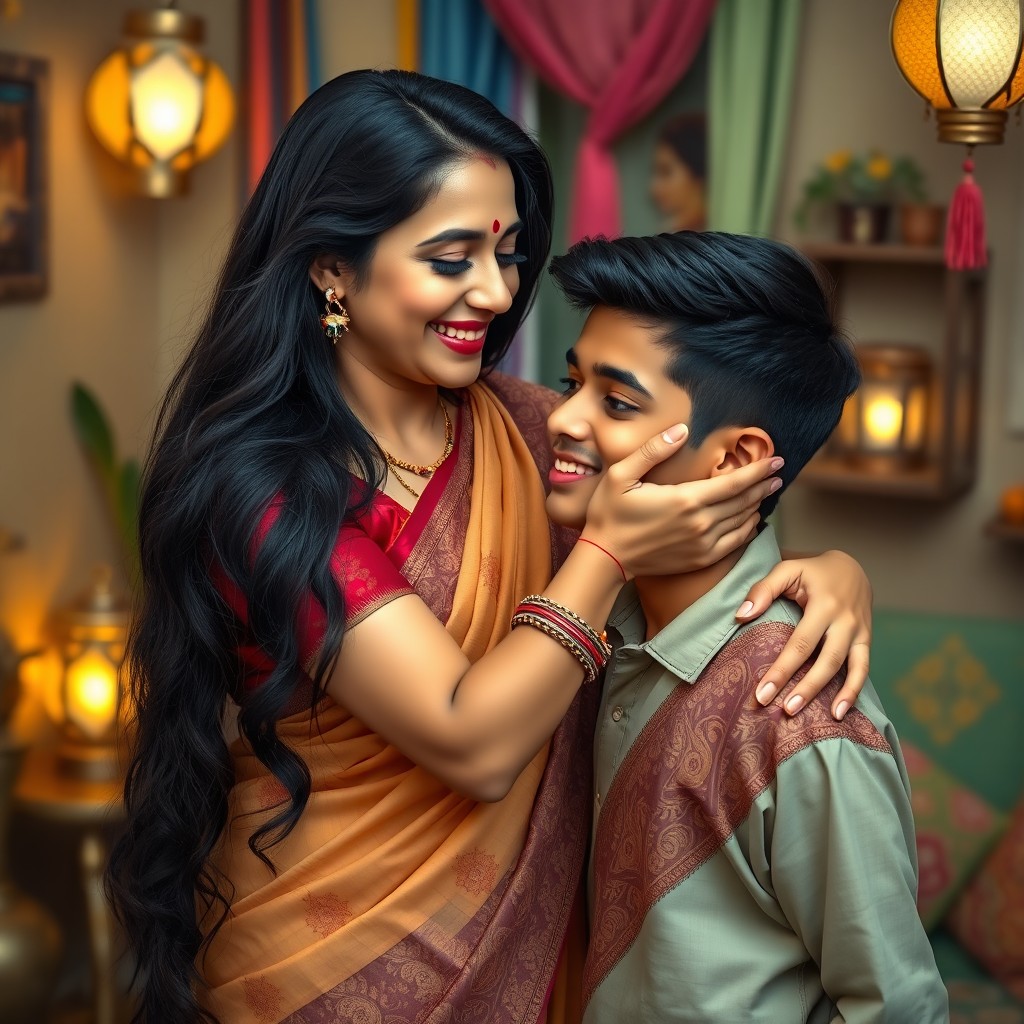 An Indian mature woman with long flowing black hair and a warm smile, wearing a traditional saree with intricate patterns and vibrant colors, gently kissing a young man with short black hair and a playful expression