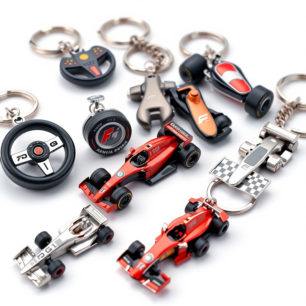 A collection of stylish Formula 1 keychain designs featuring distinctive elements of race cars, such as steering wheels, tires, and the iconic F1 logo