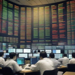 A bustling stock market with traders frantically buying and selling stocks. Screens display fluctuating graphs and indices.