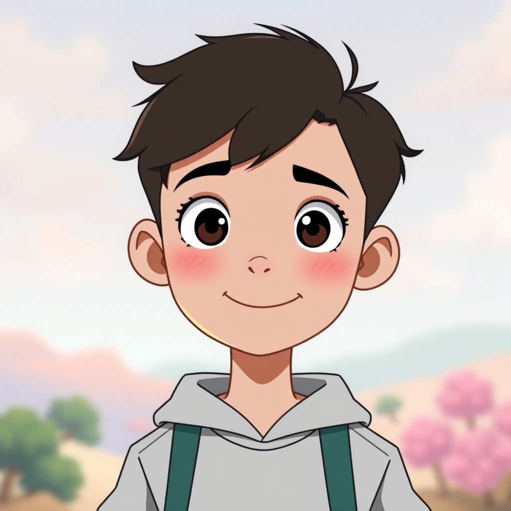 A stylized male teenage boy's face facing forward, inspired by the animation style of Studio Ghibli