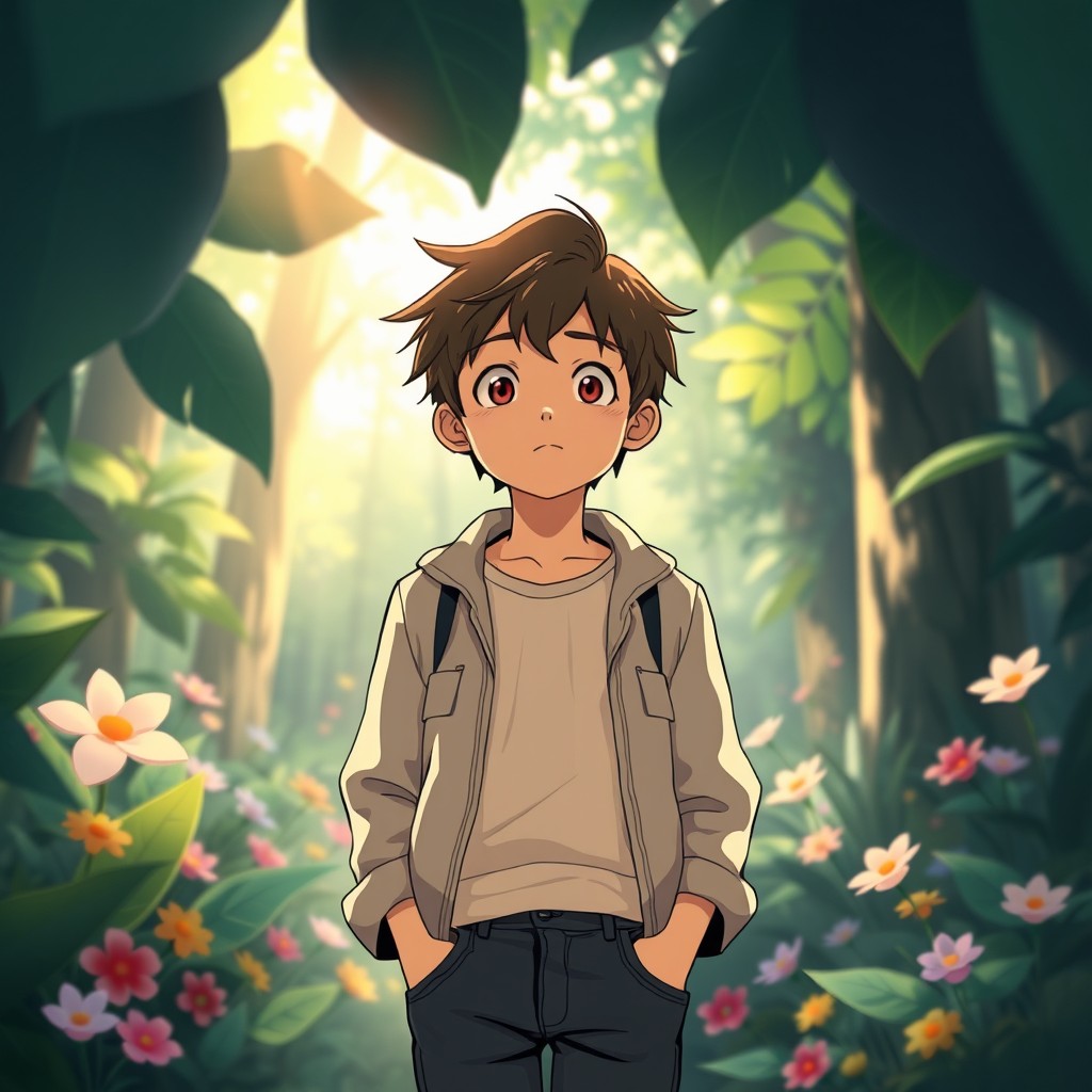 An enchanting illustration of a teenage boy resembling characters from Studio Ghibli films