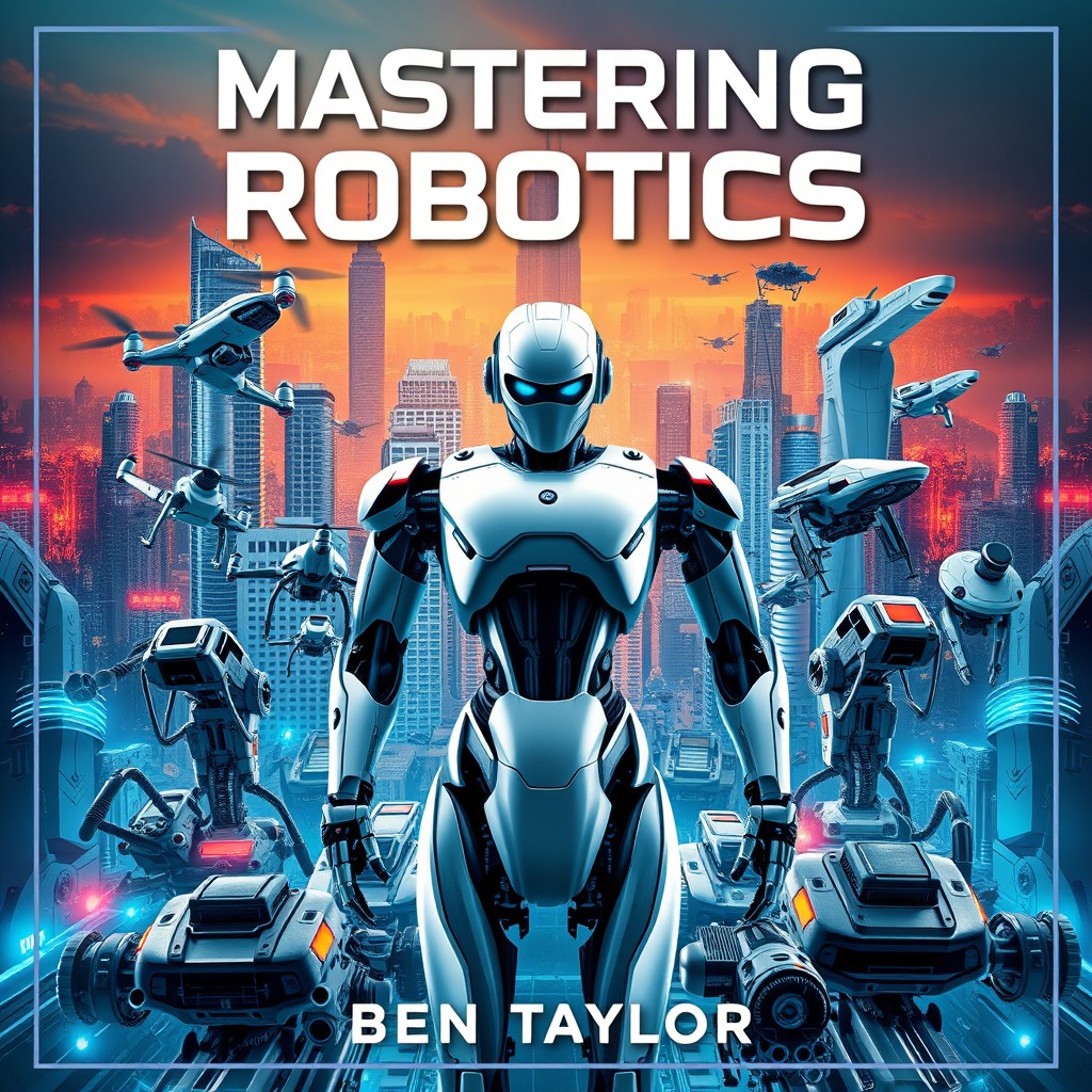 A dynamic and visually striking cover image for the book "Mastering Robotics" by Ben Taylor