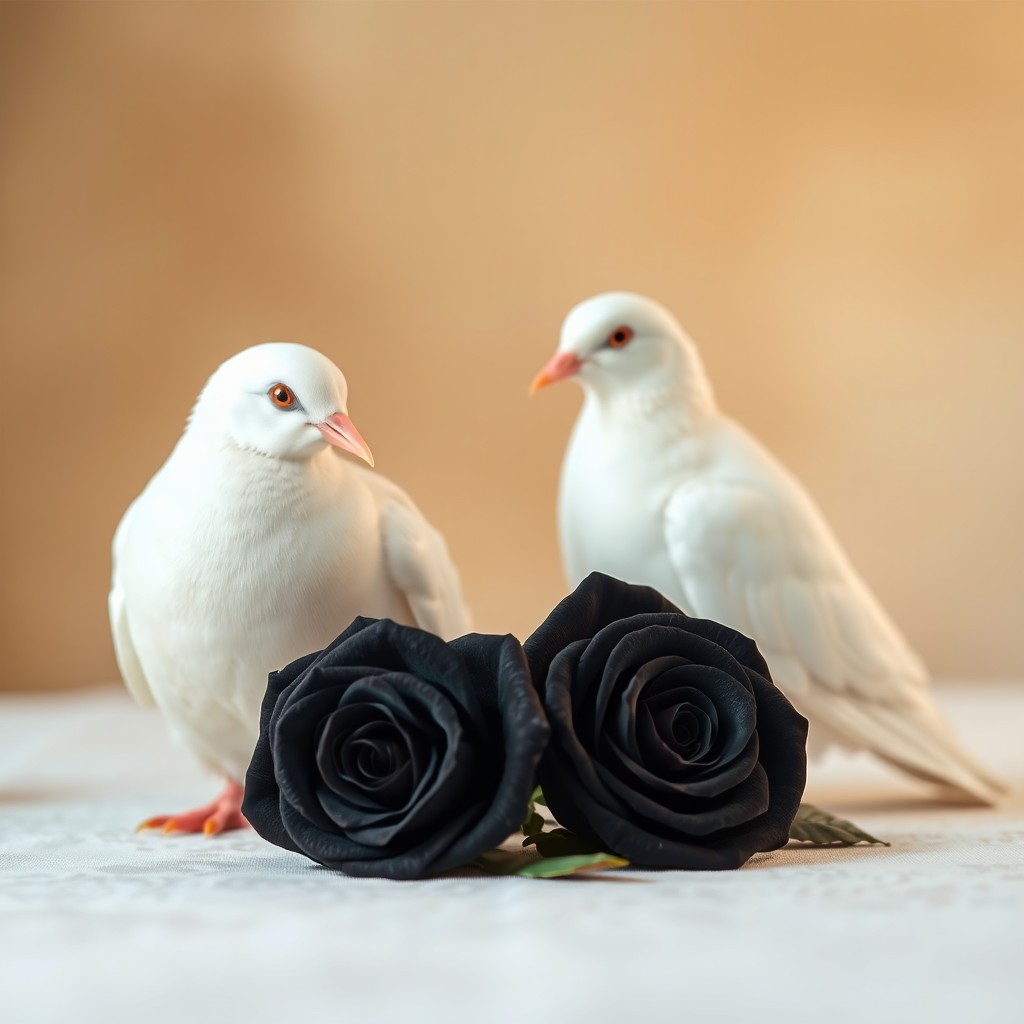 A serene and elegant composition featuring two pristine white doves gracefully perched beside two velvety black roses