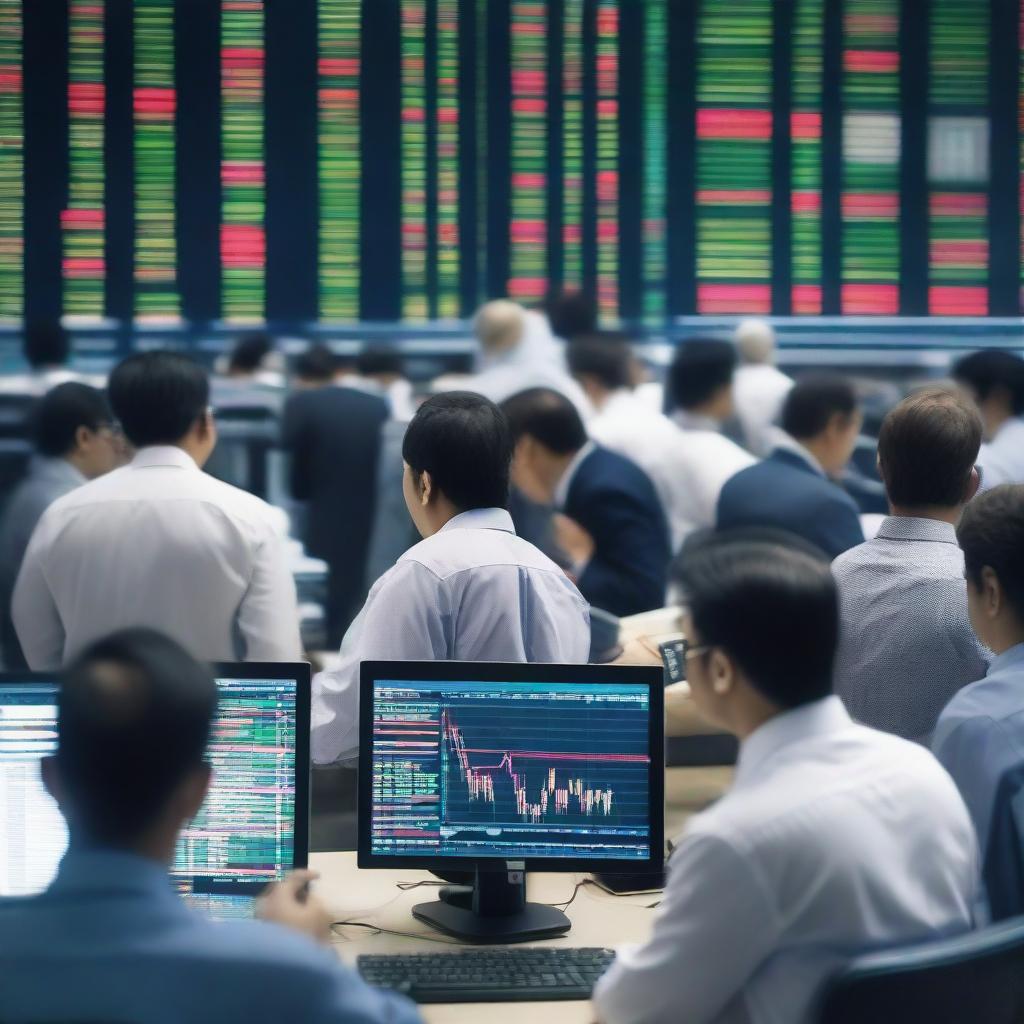 A bustling stock market with traders frantically buying and selling stocks. Screens display fluctuating graphs and indices.