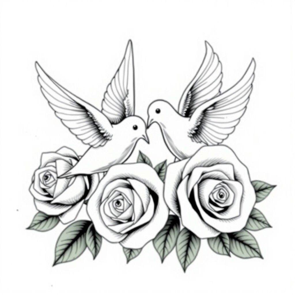 A detailed tattoo stencil design featuring two graceful white doves in flight, elegantly depicted with delicate feathers and soft contours