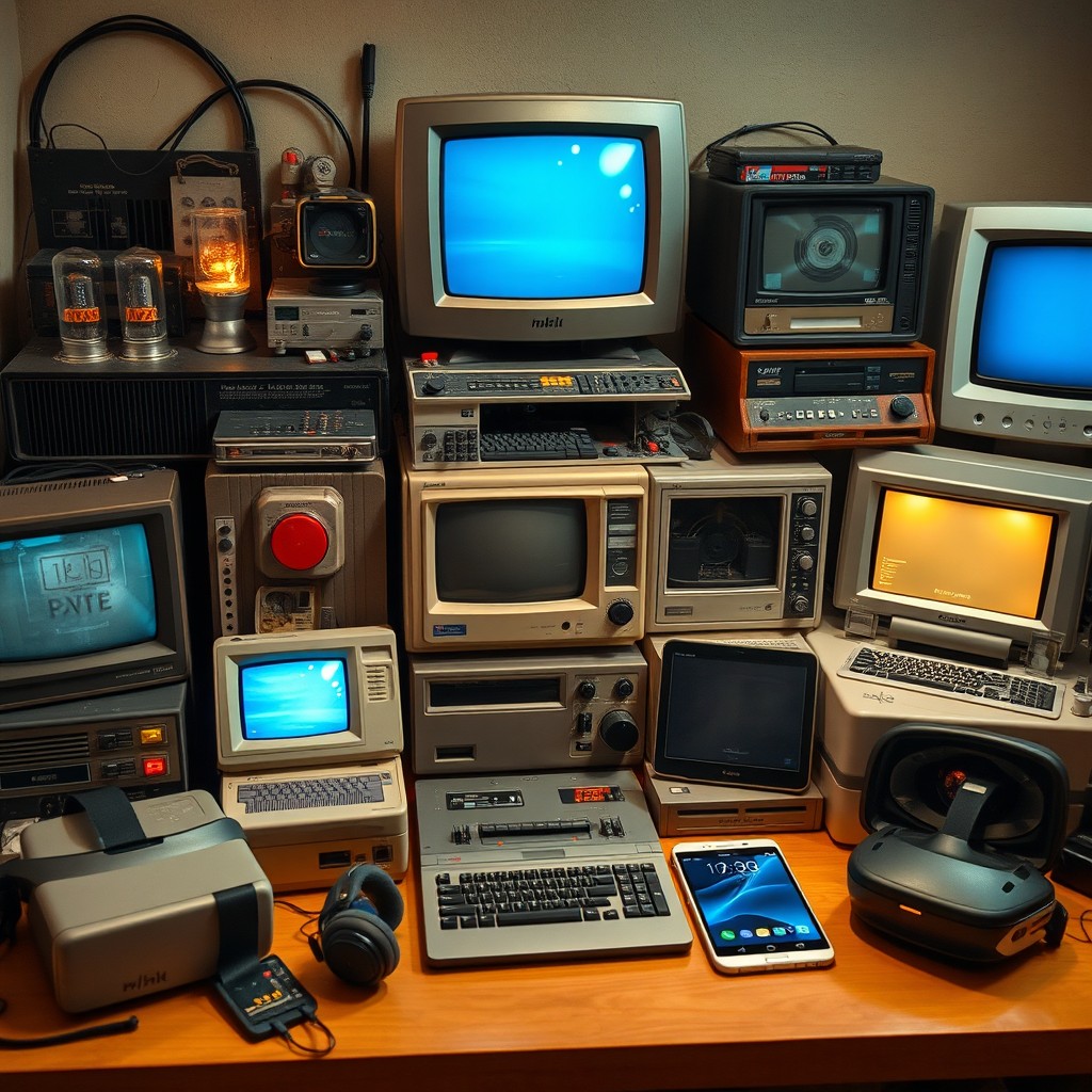 A collection of vintage and modern computer technology, featuring a nostalgic scene that includes vacuum tubes, floppy disks, old hard drives, and CRT screens