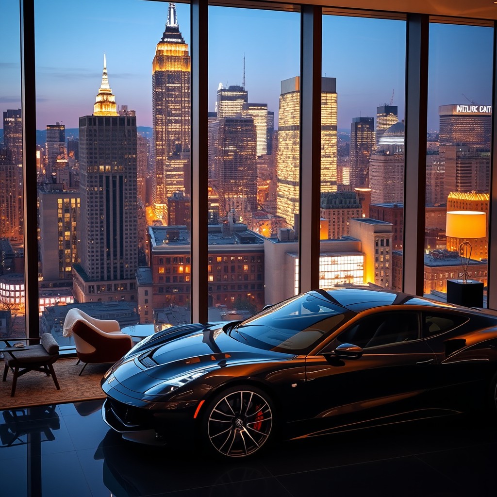 A businessman in a stylish, modern New York City apartment, adorned with elegant furniture and large windows showcasing the city skyline at night