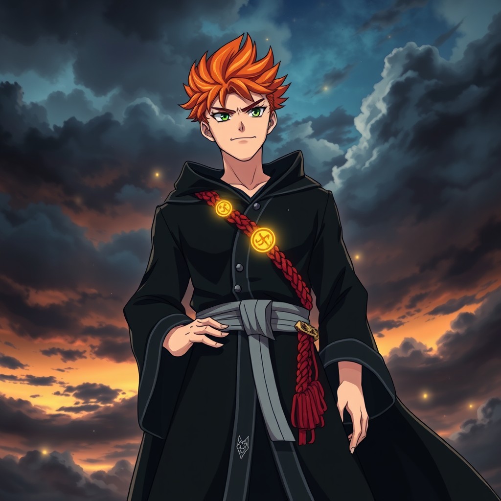A confident, anime-style male wizard with spiky bright orange hair and a slightly smug expression stands under a dramatic, cloudy night sky