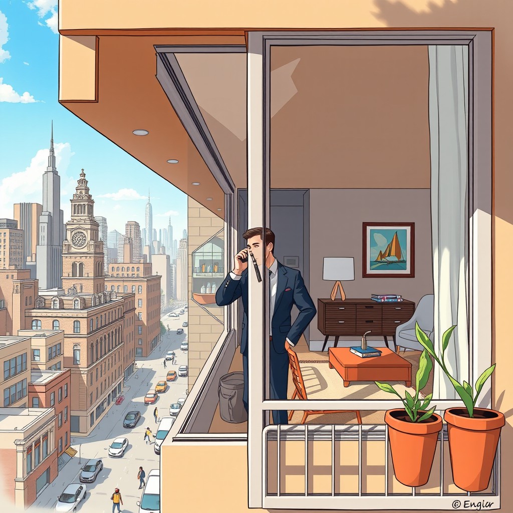 A detailed illustration of a New York City apartment viewed from outside the building, featuring large windows that reveal the interior