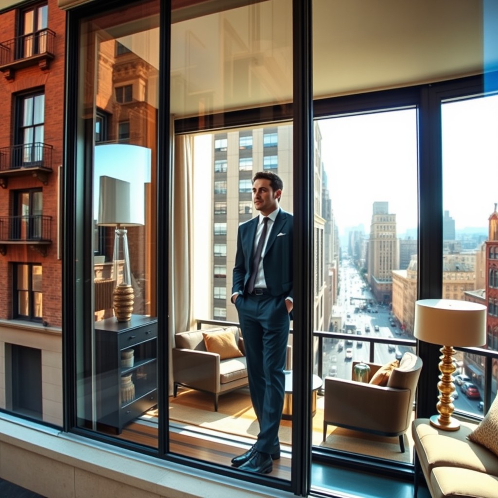 An exterior view of a stylish New York City apartment building, capturing the vibrant urban architecture