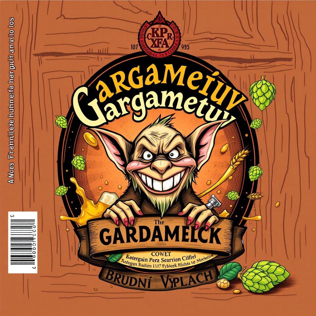 A detailed and creative beer label design featuring the title 'Gargameľuv Brudný Vyplach' prominently displayed