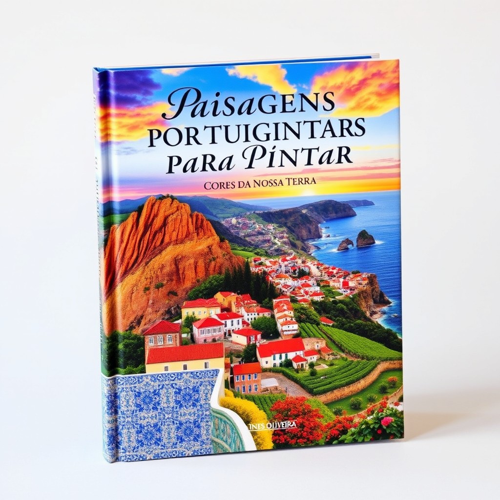 A captivating book cover for 'Paisagens Portuguesas para Pintar: Cores da Nossa Terra' by Ines Oliveira