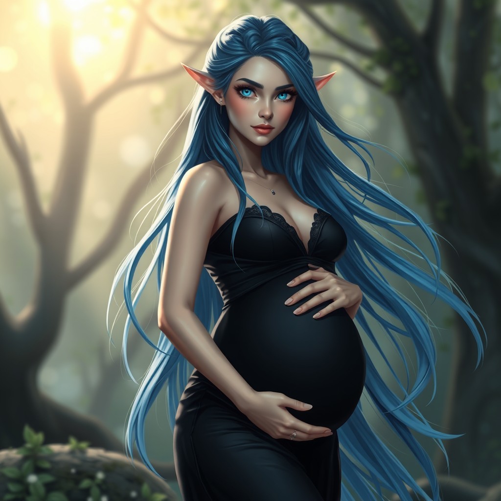 A stunning high elf with long, flowing blue hair and bright blue eyes