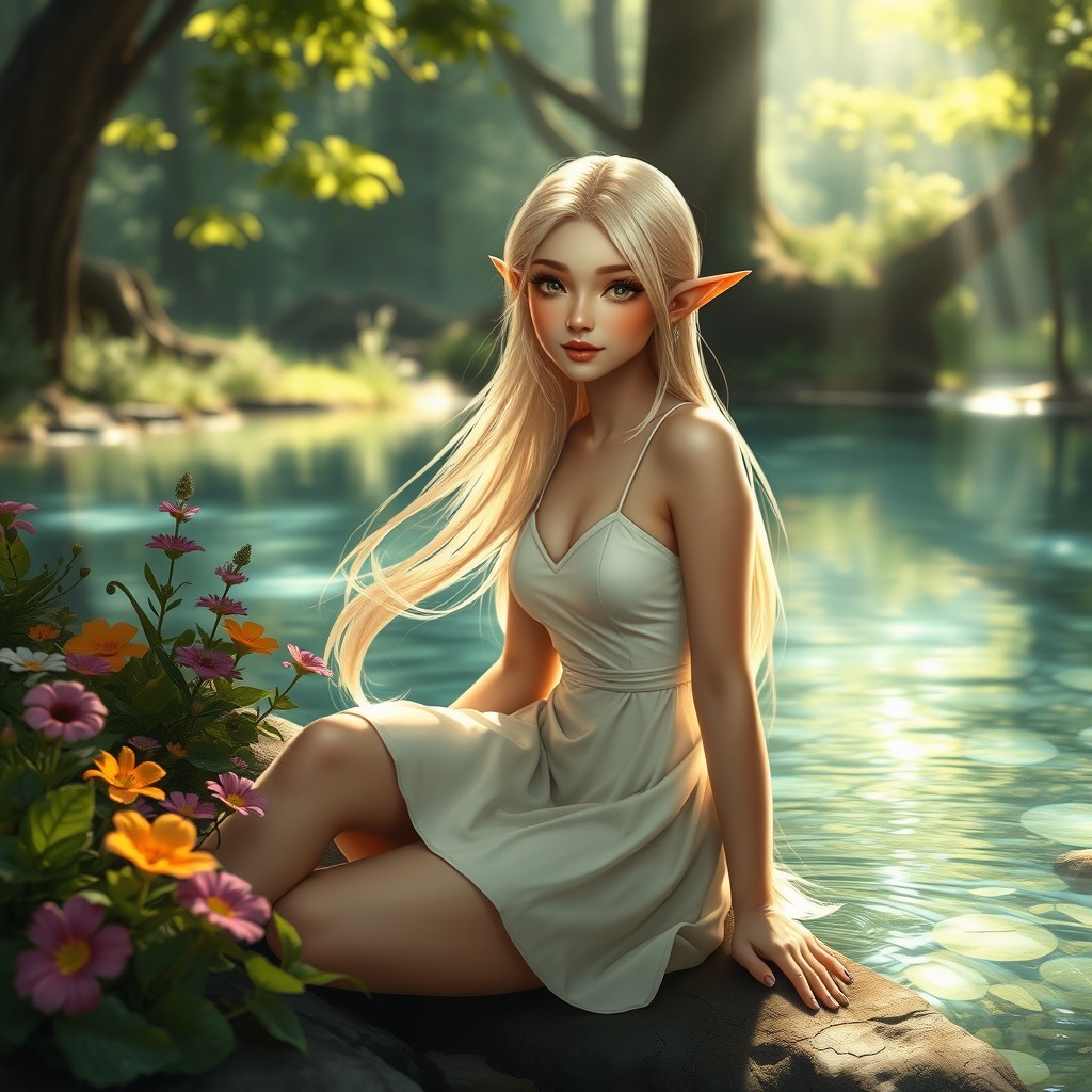 A beautiful blonde elf sitting elegantly by the water's edge, with long flowing hair that shimmers in the sunlight