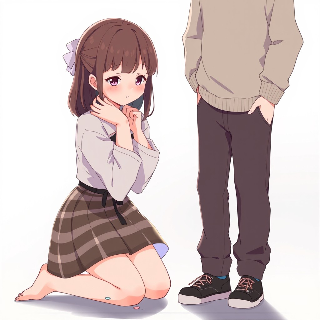 Anime style scene featuring a girl kneeling in front of a boy with a sweet expression, her gaze tender and calm