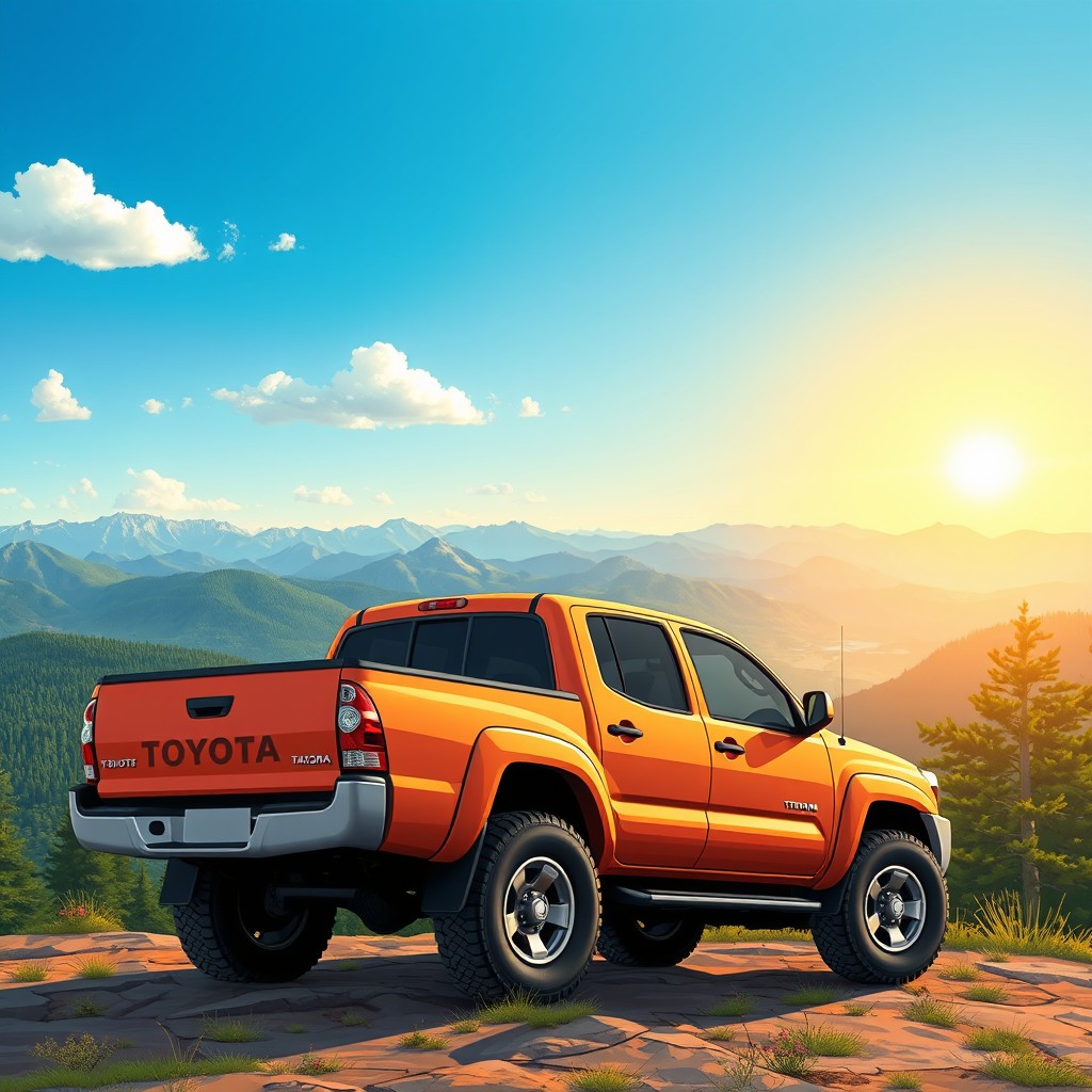 A detailed and vibrant illustration of a 2006 Toyota Tacoma parked on a scenic mountain overlook, showcasing its rugged exterior and iconic style
