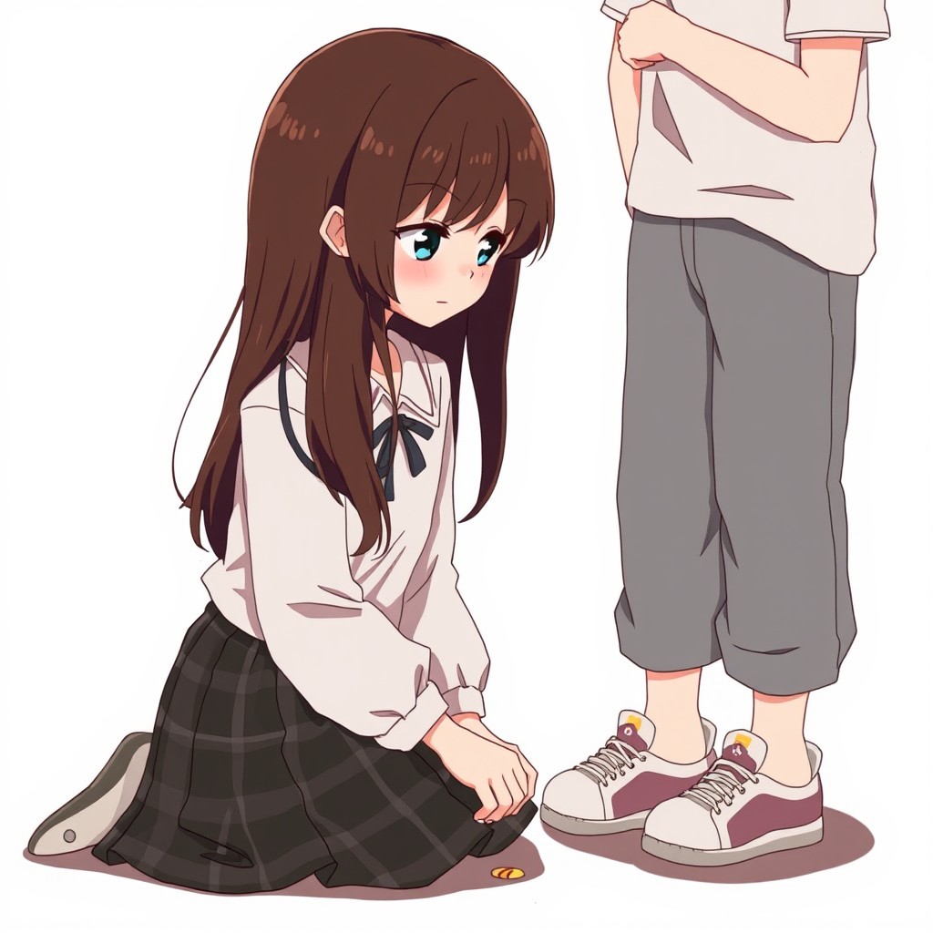 A heartwarming anime scene featuring a girl kneeling in front of a boy, with a sweet and gentle expression, her tender gaze locking onto his eyes