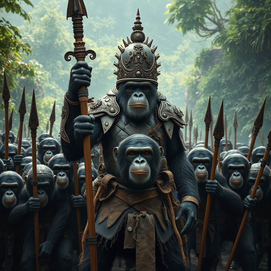 An epic cinematic art image depicting a vast army of chimpanzees, equipped with rudimentary armor made from leather and bone