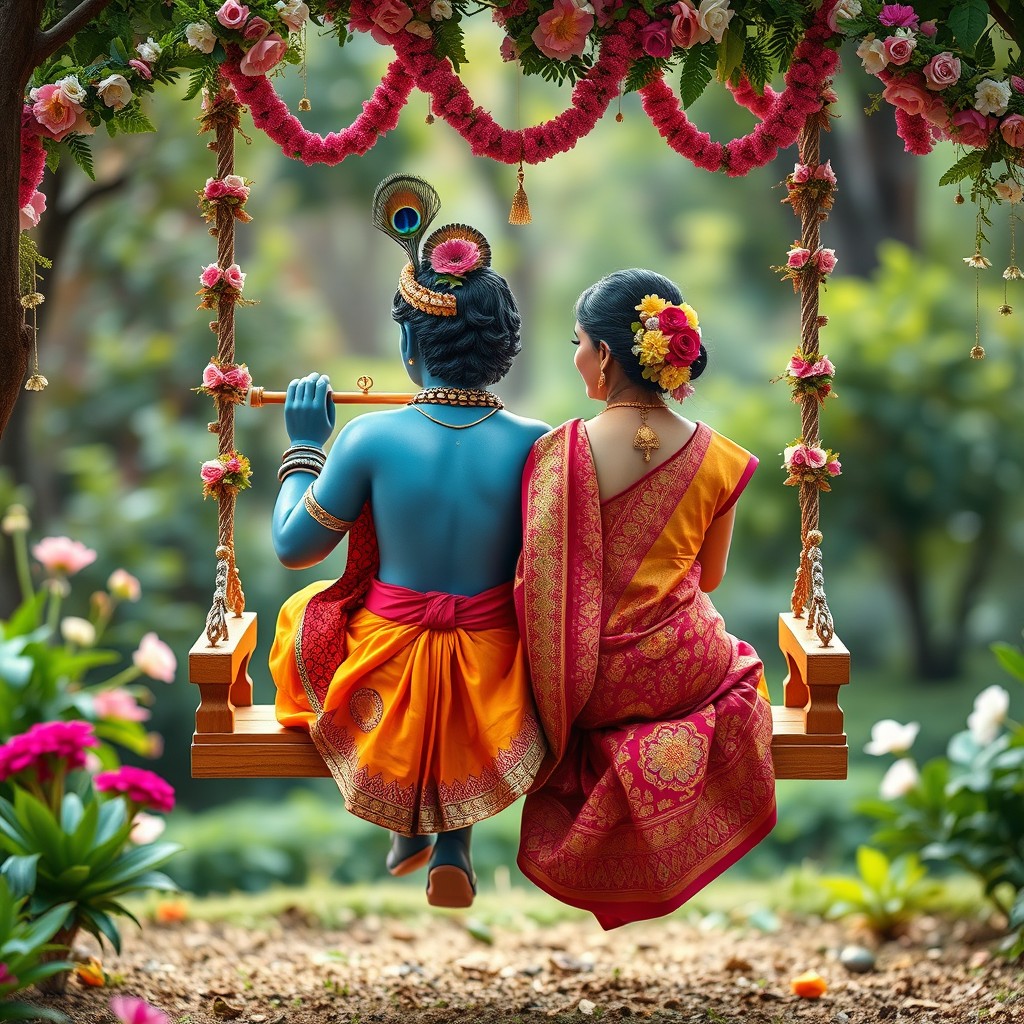 A serene scene depicting Lord Krishna and a Hindu girl sitting together on a beautifully adorned swing