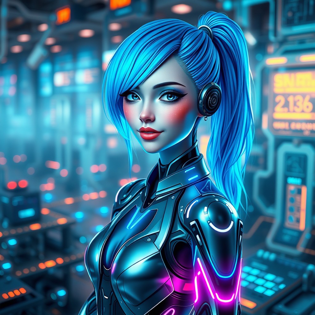 A futuristic AI model girl with sleek, metallic features and vibrant blue hair, dressed in a high-tech outfit that shimmers with neon lights