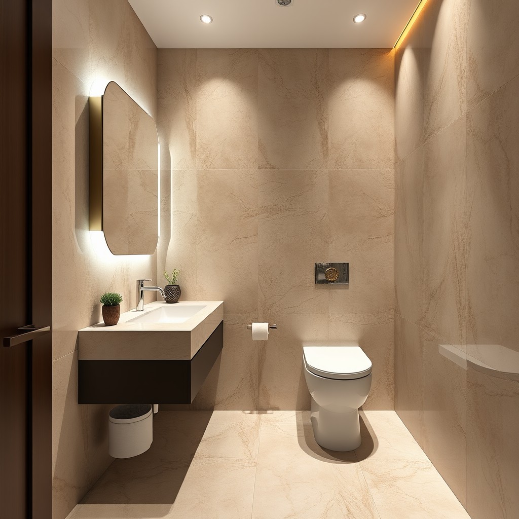 An upscale small guest toilet featuring exquisite travertine tiles on the walls and floor, creating an elegant and luxurious atmosphere