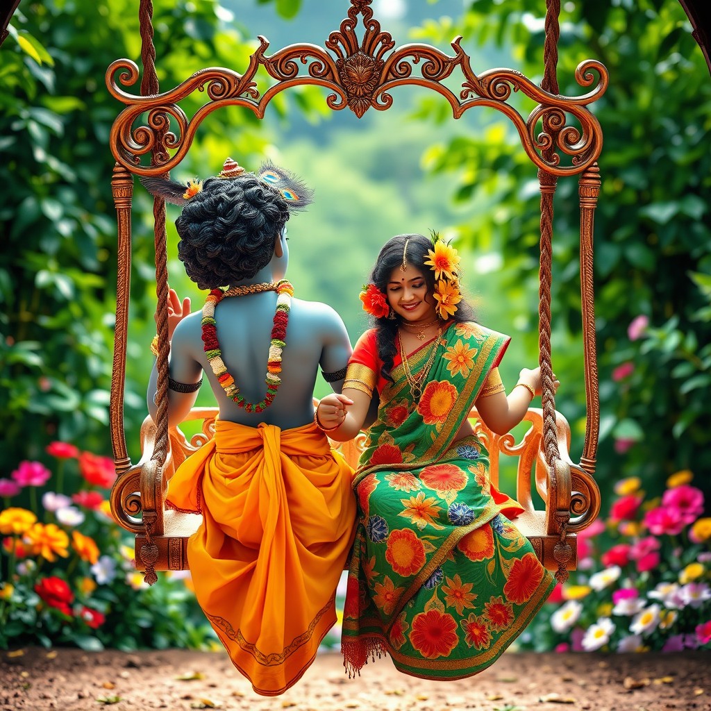 A serene and picturesque scene showing Lord Krishna and a Hindu girl sitting together on an intricately designed swing, viewed from behind