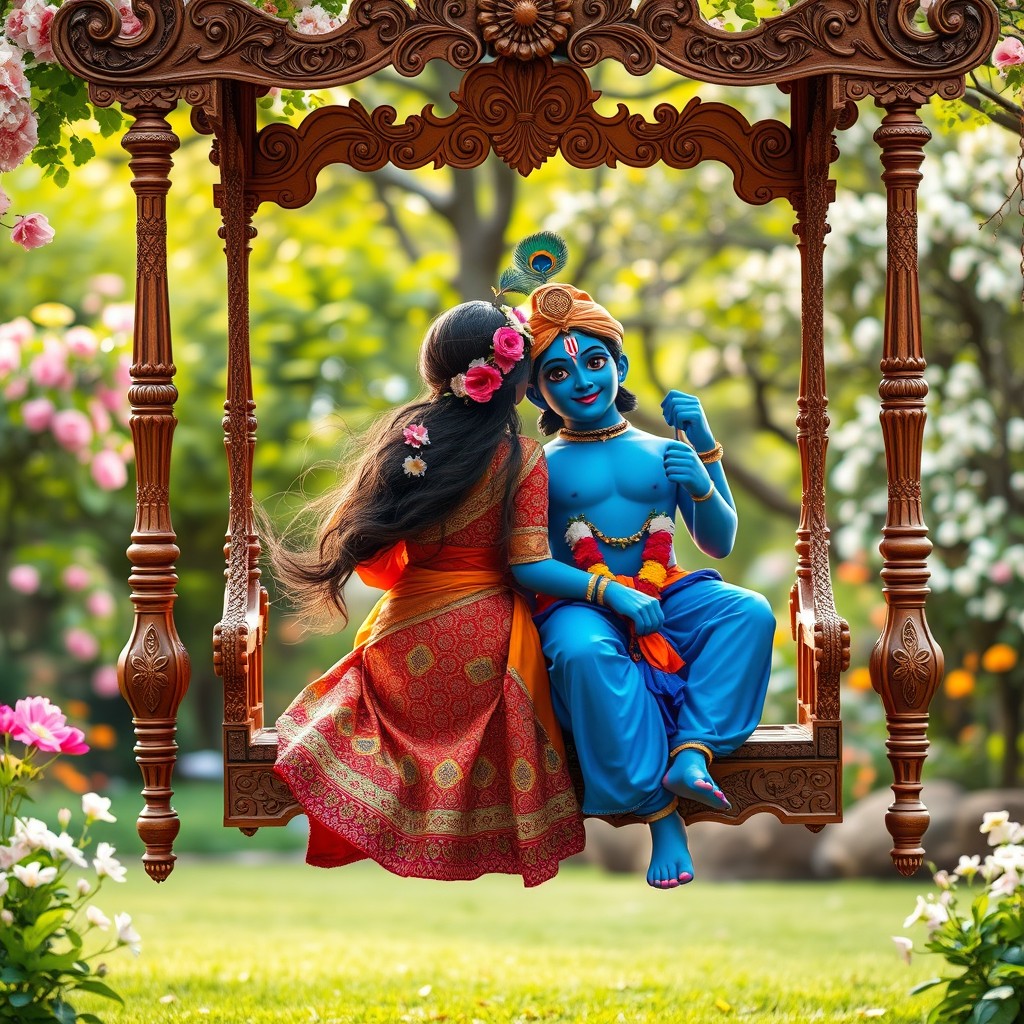 A serene and enchanting scene depicting a Hindu girl and Lord Krishna sitting on a beautifully ornate swing