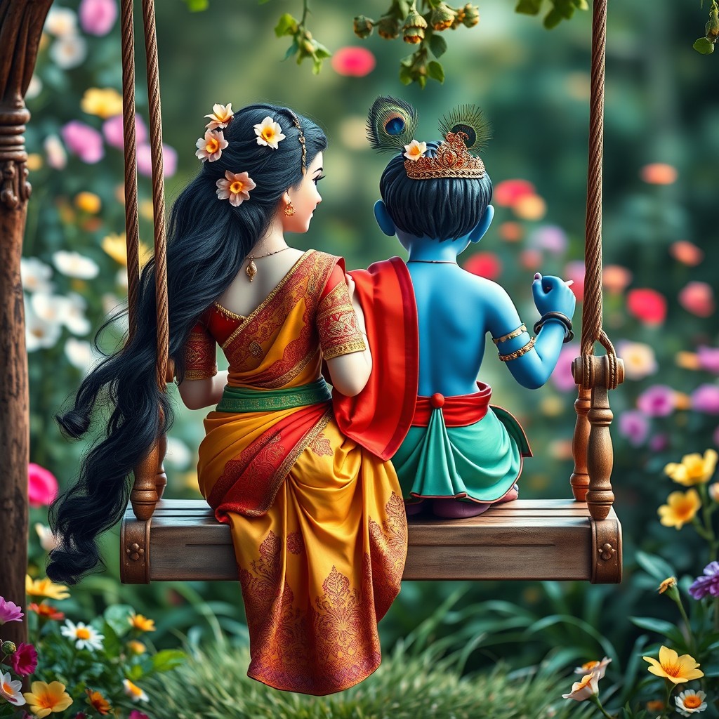 A tranquil and enchanting scene featuring a Hindu girl and Lord Krishna sitting together on a beautifully crafted swing