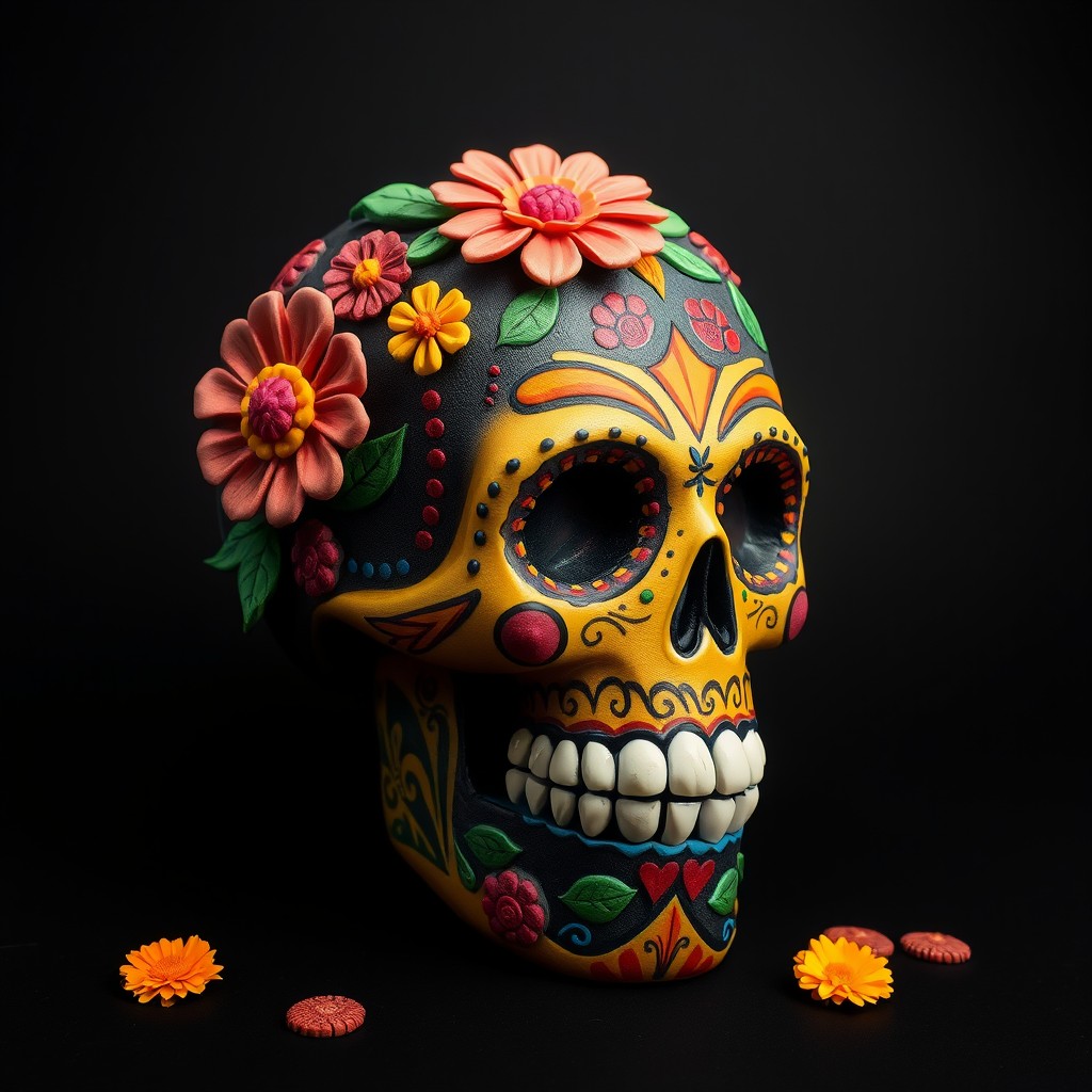 A vibrant and detailed Calavera (sugar skull) design adorned with colorful floral patterns, intricate artwork, and symbolic elements reflecting the Day of the Dead celebration