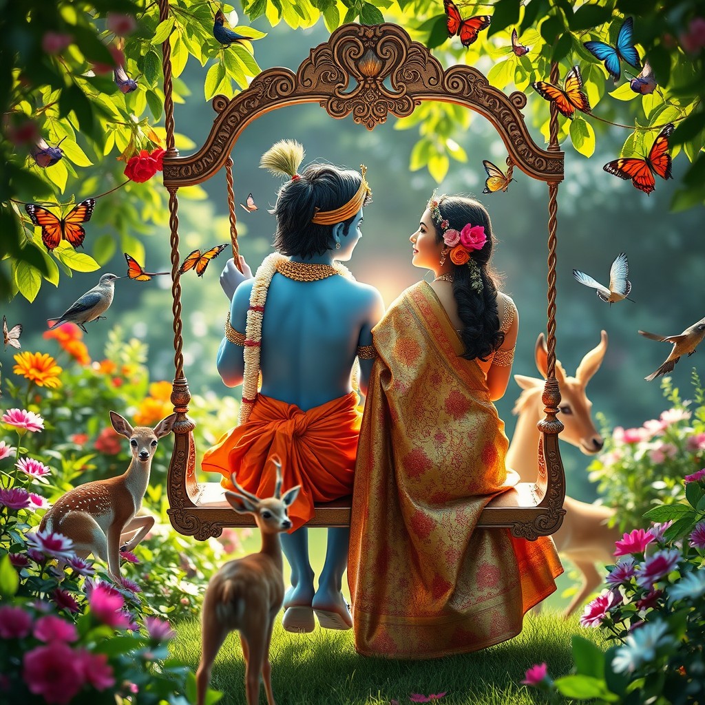 A serene and enchanting scene set in a lush garden with vibrant flowers and greenery, capturing the back view of Lord Krishna and a Hindu girl sitting on a beautifully ornate swing together