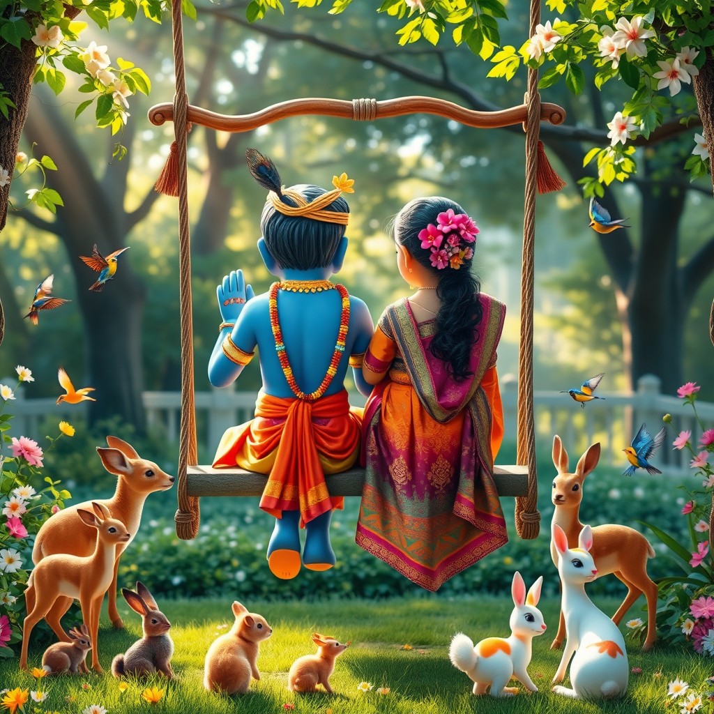 A charming and peaceful scene showcasing the back view of Lord Krishna and a Hindu girl seated on a beautifully designed swing