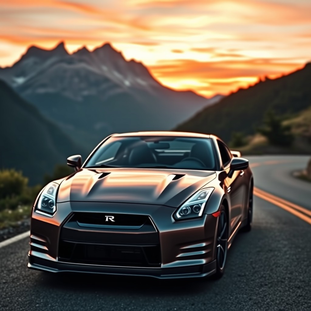 A sleek, beautifully detailed sports car, the Nissan GT-R, parked on a winding mountain road at sunset