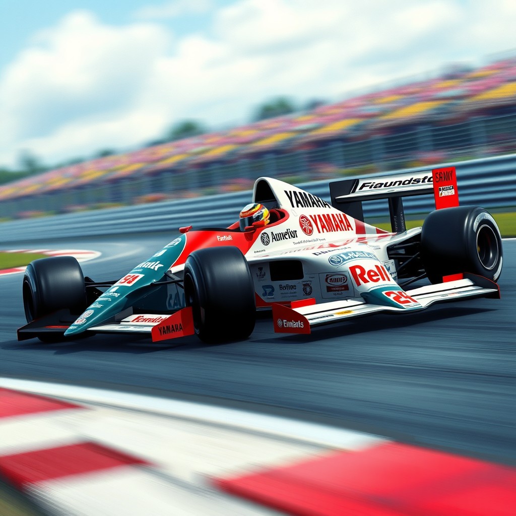 A detailed and realistic depiction of a Jordan F1 car powered by Yamaha, showcasing gentle painted advertisements as seen in the 1992 Formula 1 season