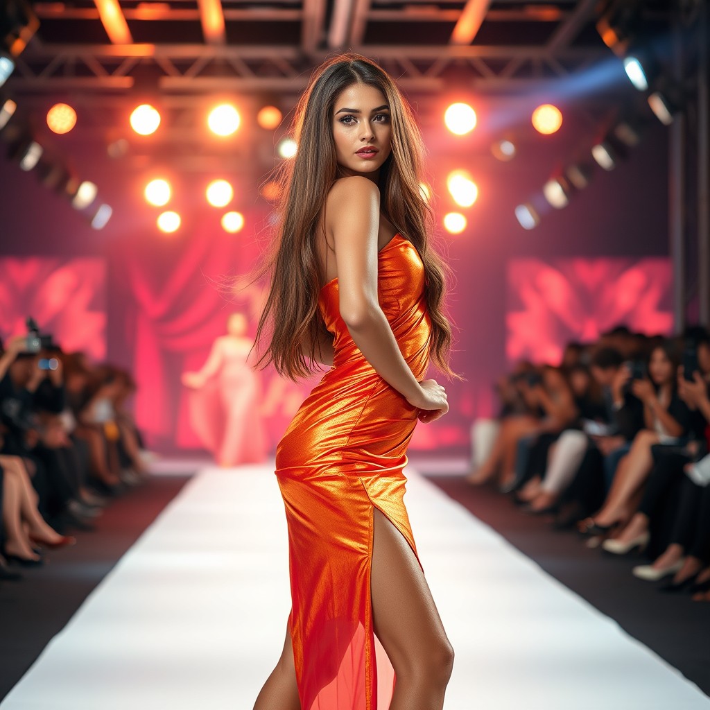 A stunning fashion model posing confidently, showcasing her outfit on a runway