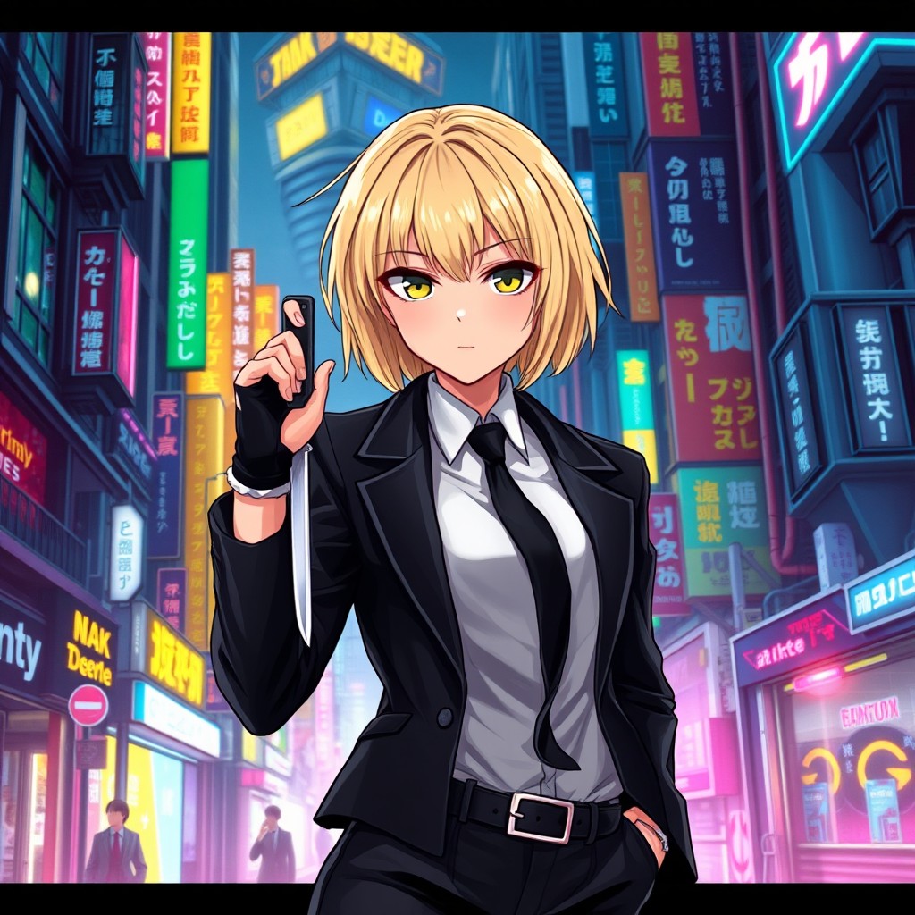 A full-body portrait of a blonde girl with short hair, confidently wearing a sleek black coat over a stylish suit