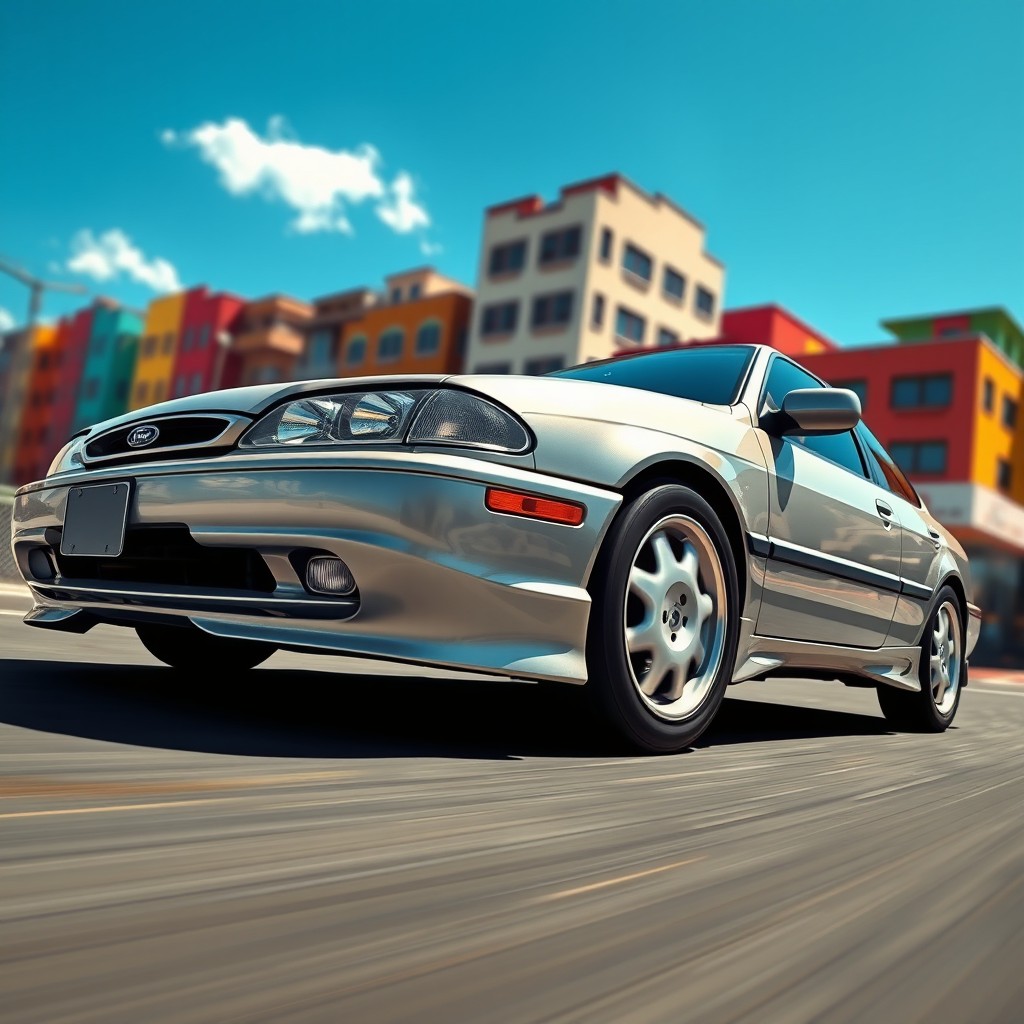 A detailed and realistic illustration of a 1998 Ford Laser, showcasing its sleek design, unique grille, and distinctive headlights