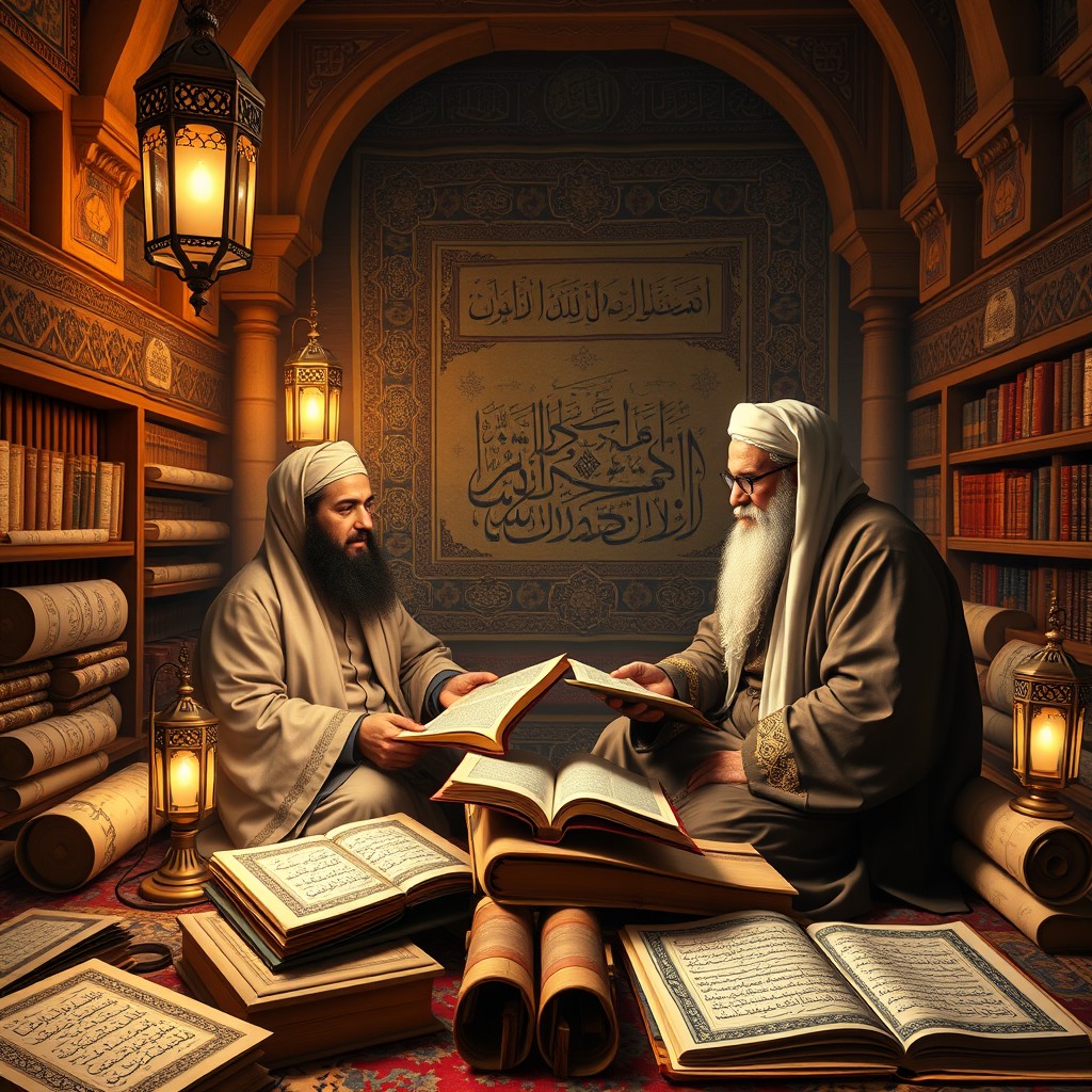 A beautifully designed A4 portrait cover that captures the essence of education in the style of Imam Shafi'i and Imam Hanafi, set against a Middle Eastern medieval backdrop