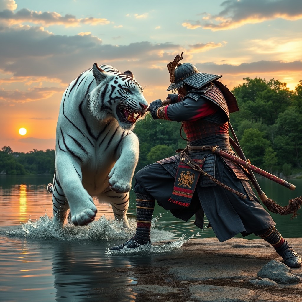 A samurai in traditional armor engaged in an epic battle with a majestic white tiger at the edge of a serene lake