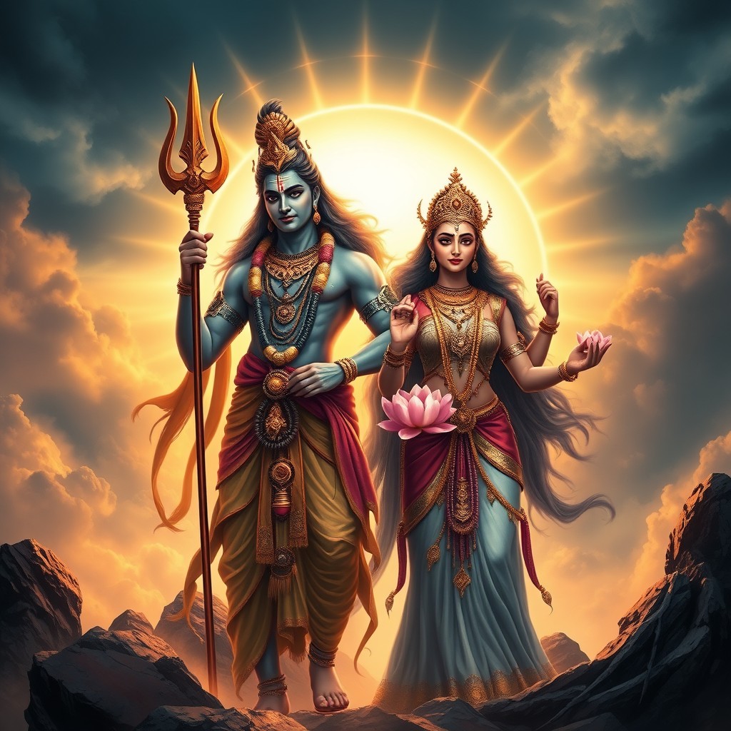 Lord Shiva and Goddess Parvati standing majestically together on Mount Kailash, surrounded by a glowing aura that radiates divinity