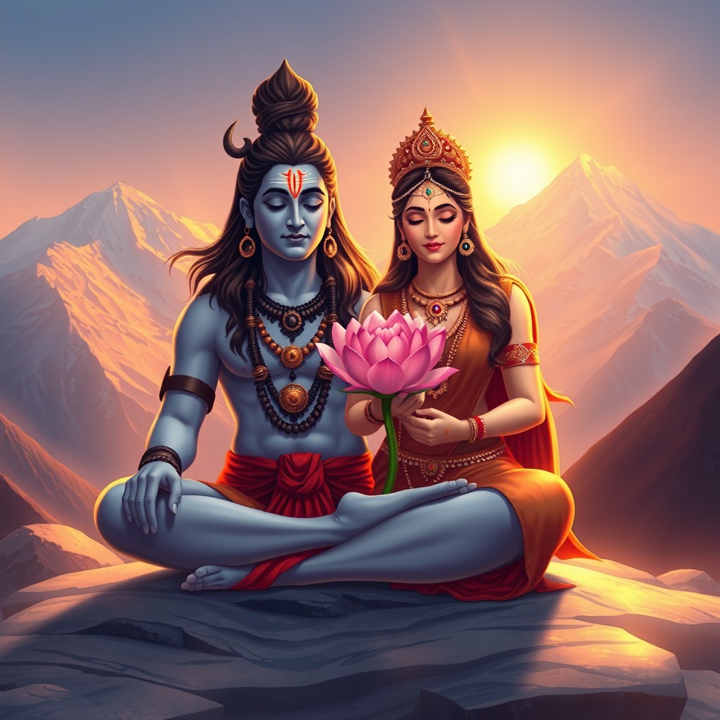 An illustration of Shiva peacefully meditating with Parvati beside him, holding a vibrant lotus flower