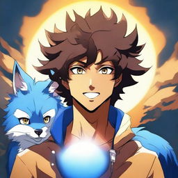 Dark anime version of a man with a crazy face, brown skin, behind a beautiful sun, curly hair, with a blue fox behind him