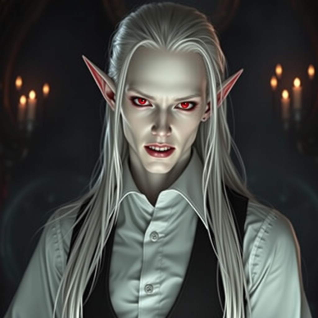 An androgynous, masculine vampire with striking porcelain white skin, intense red eyes, and elongated pointed elf ears