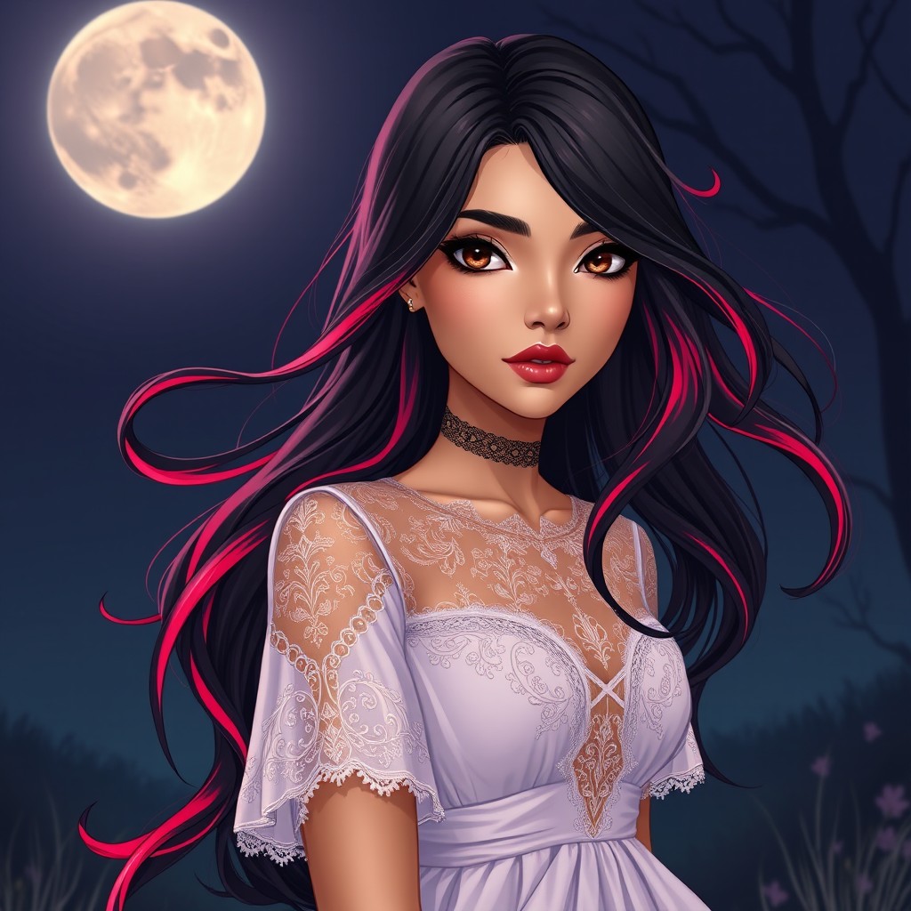 A charismatic Latina woman with mesmerizing brown eyes, long flowing dark hair featuring vibrant red highlights, and a slight tan complexion