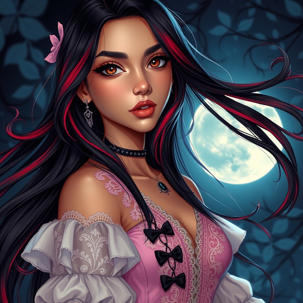 A charismatic Latina woman with mesmerizing brown eyes, long flowing dark hair featuring striking red highlights, and a slight tan complexion
