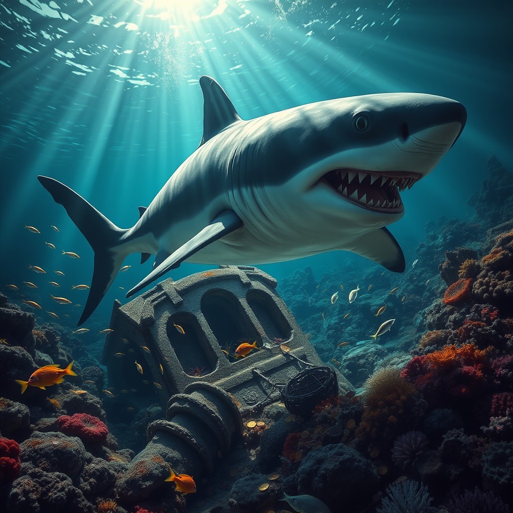 A dramatic underwater scene depicting a colossal shark in crystal-clear waters, showcasing its menacing presence with sharp teeth and powerful body
